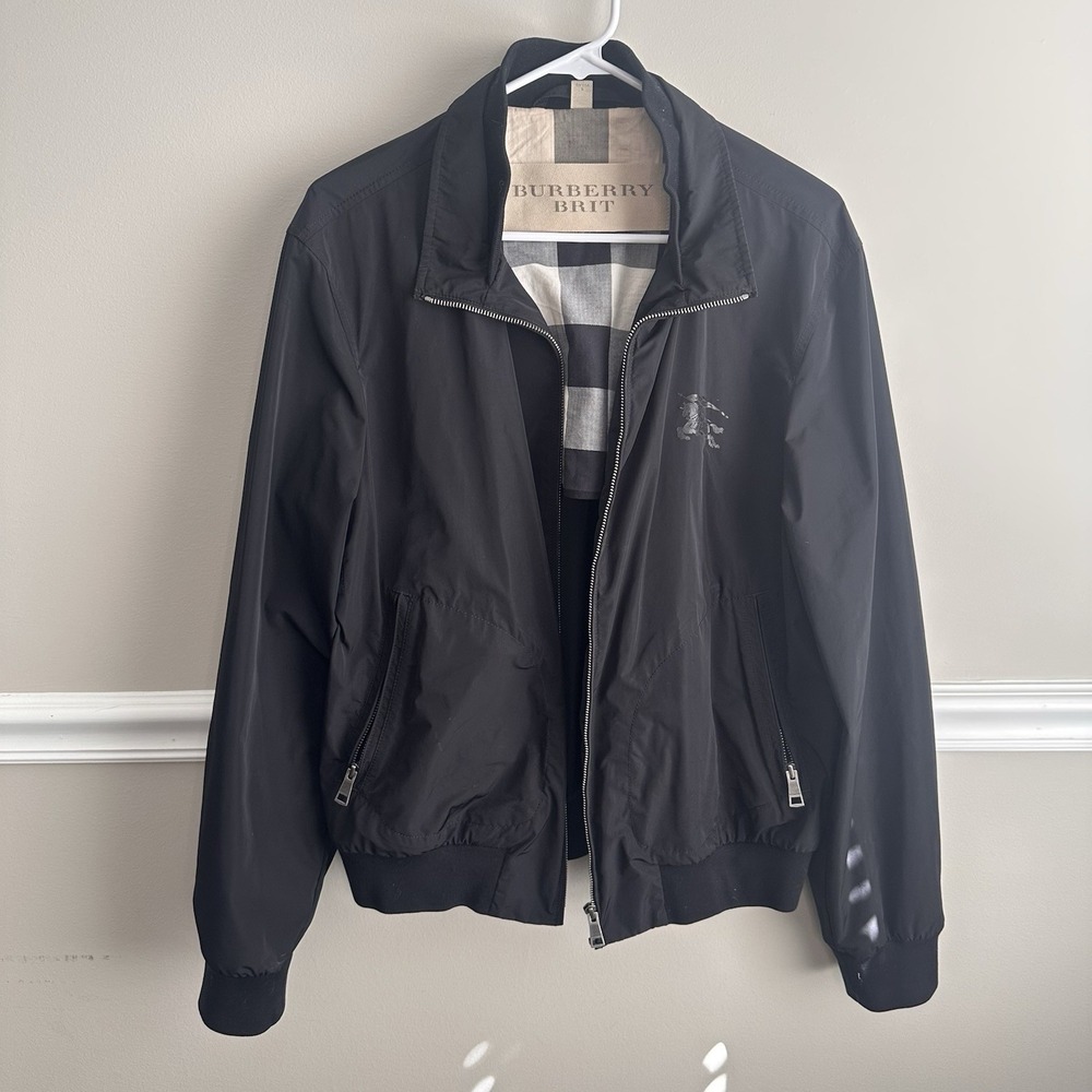 Burberry Brit Mens Black Bomber Jacket L Nylon Warhorse Preppy Luxury Hipster